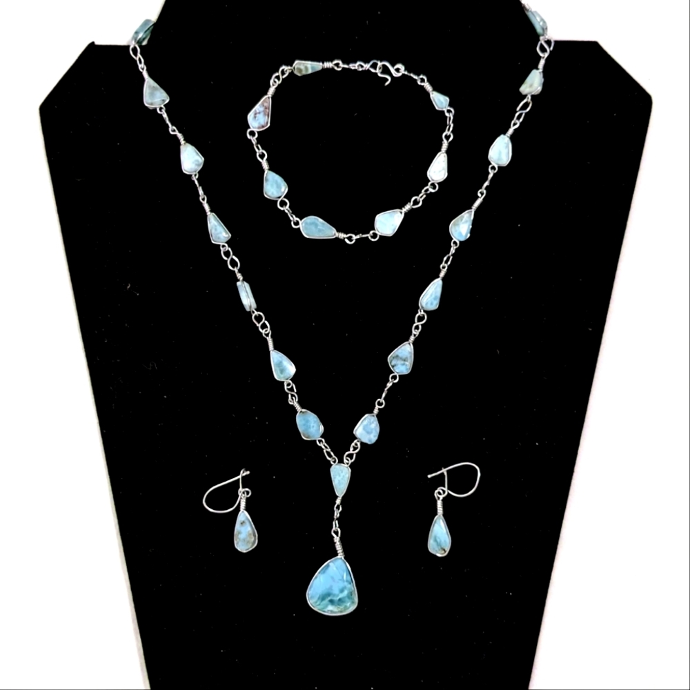 Larimar Silver Wrapped Jewelry Set – Necklace, Bracelet & Earrings – 18g Total